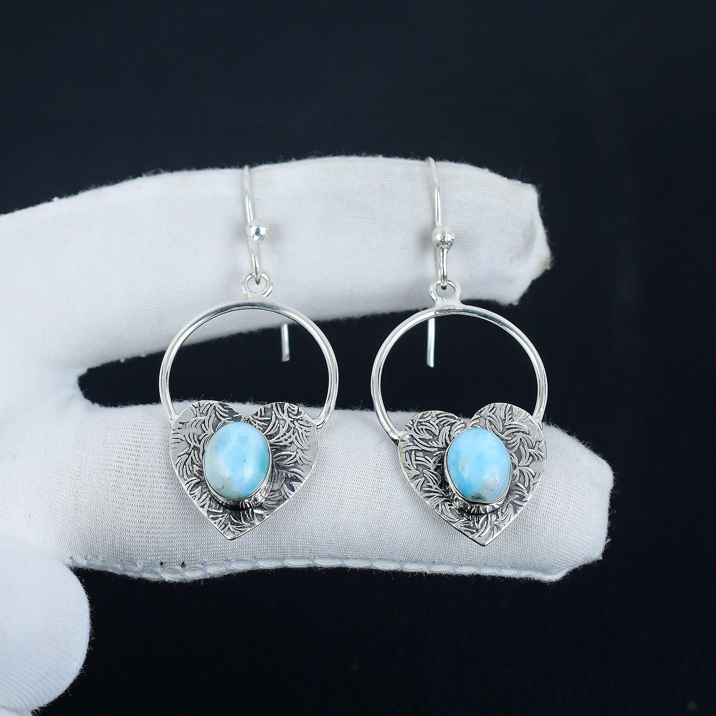 Blue Larimar Gemstone Heart Hoop Earrings