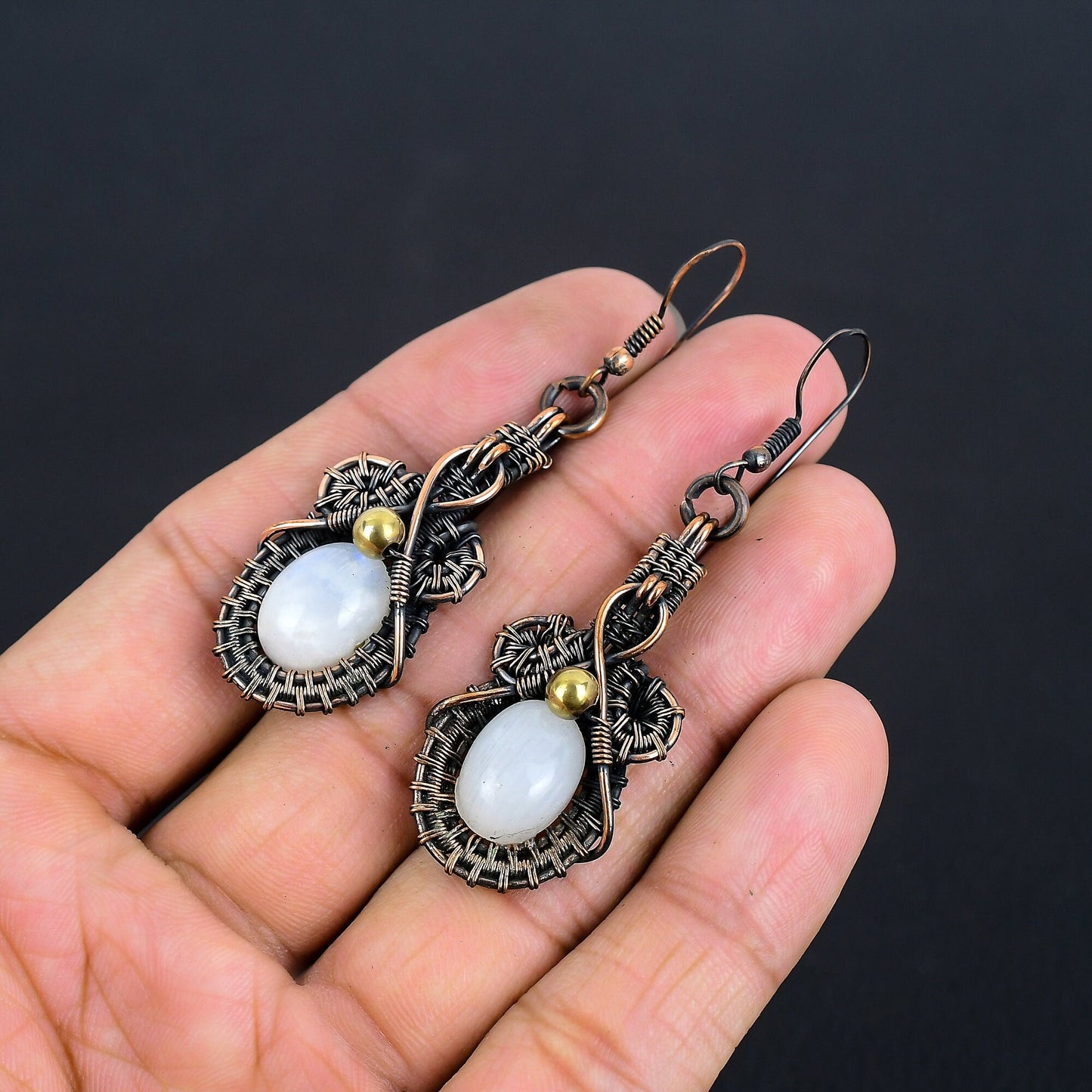 Copper Moonstone & Red Garnet Gemstone Earrings