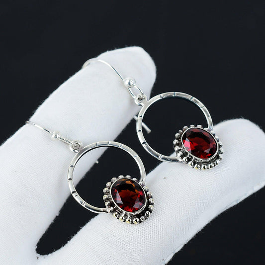 Red Garnet Gemstone Hoop Earrings