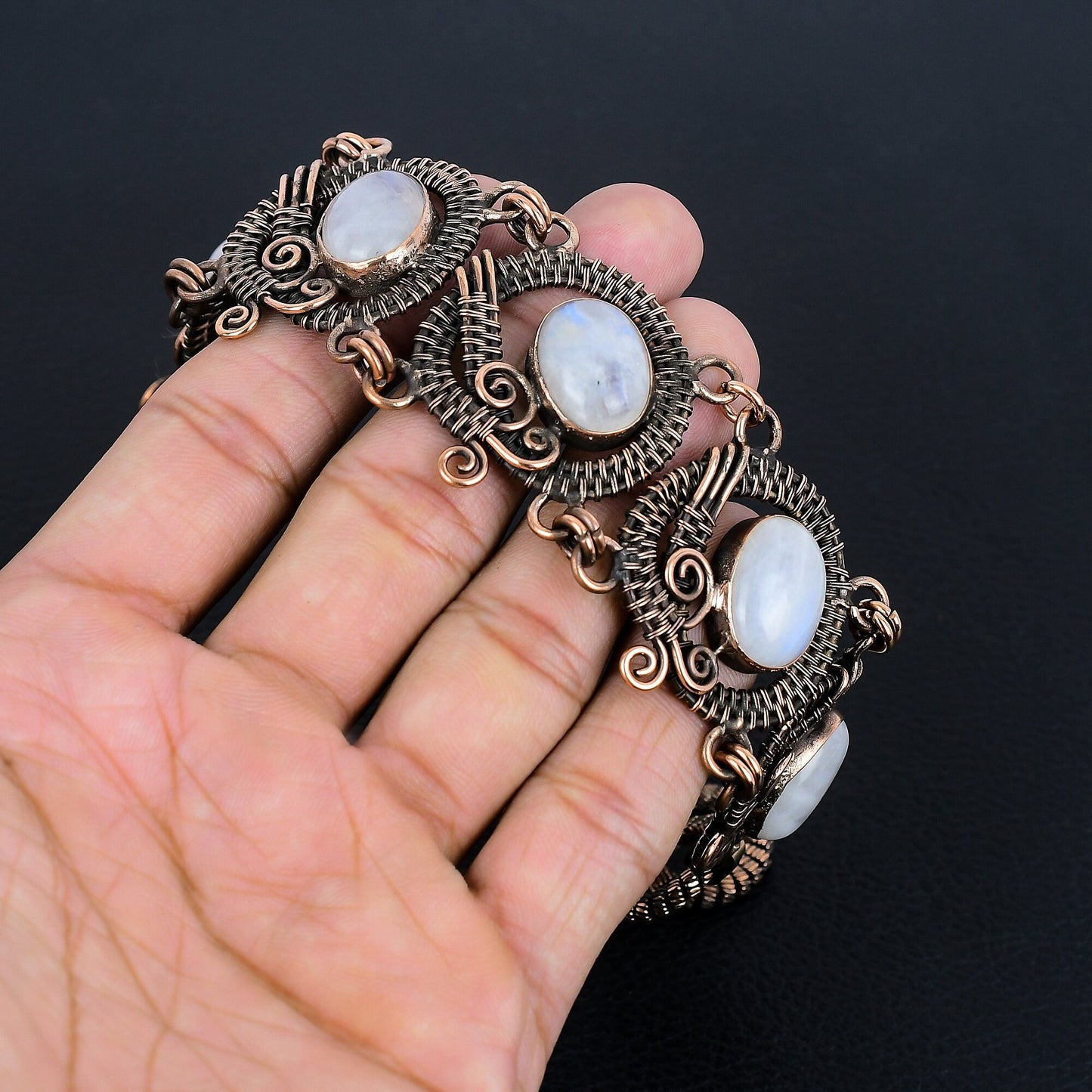 Rainbow Moonstone Gemstone Copper Wrapped Bracelet