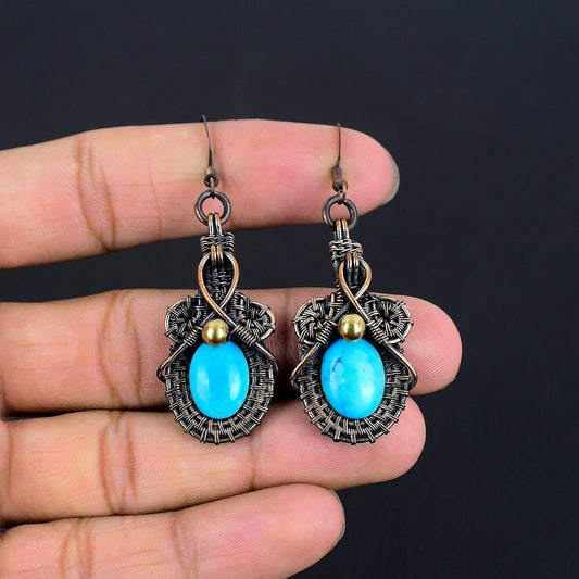 Turquoise Gemstone Copper Wire Wrapped Earrings