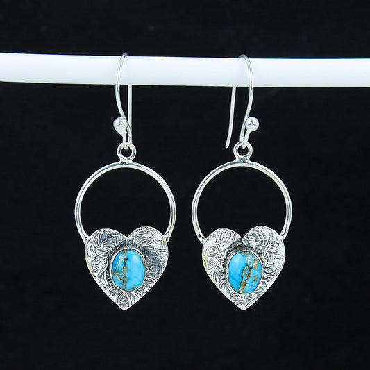 Blue Copper Turquoise Gemstone Heart Hoop Earrings