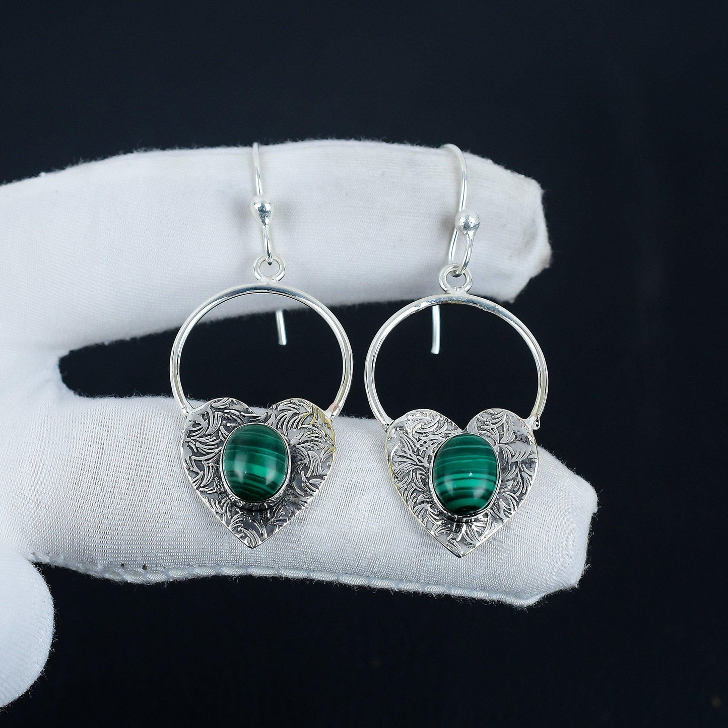 Green Malachite Heart Hoop Earrings