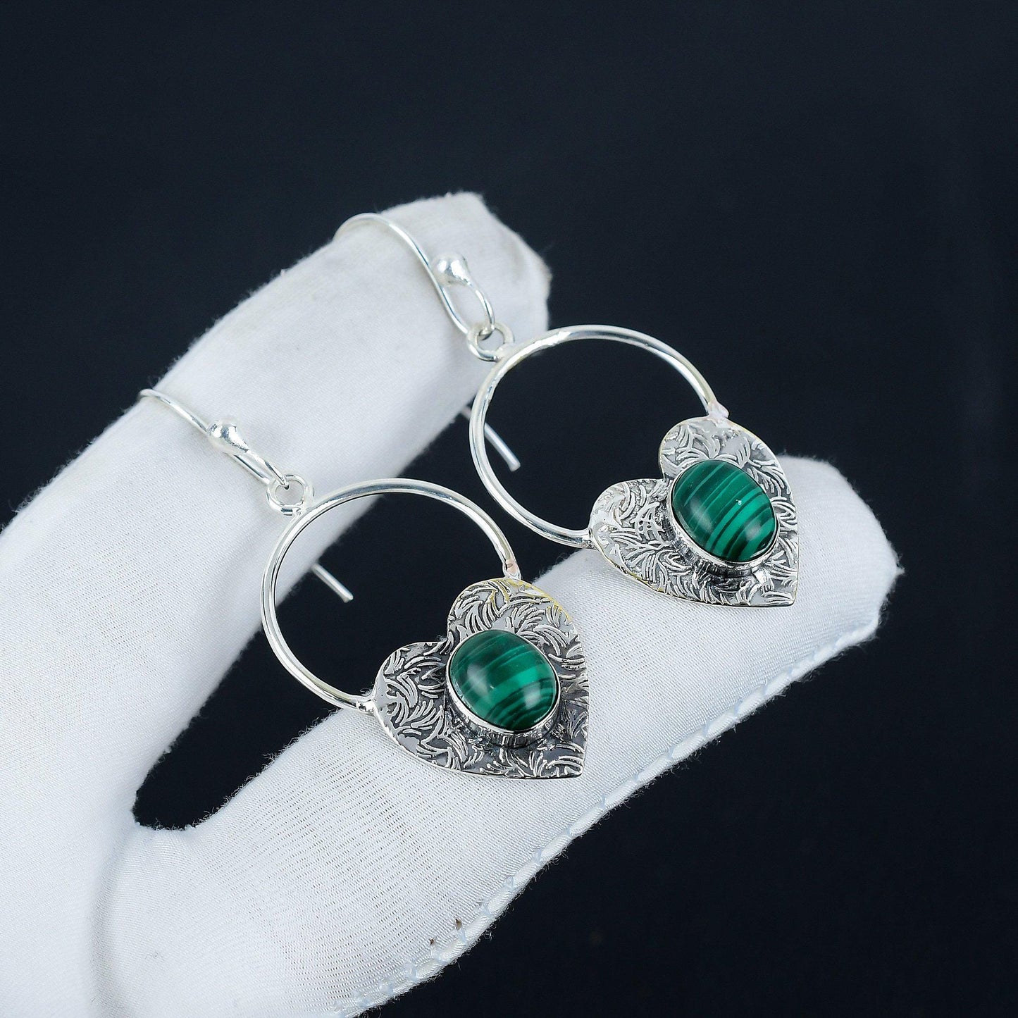 Green Malachite Heart Hoop Earrings