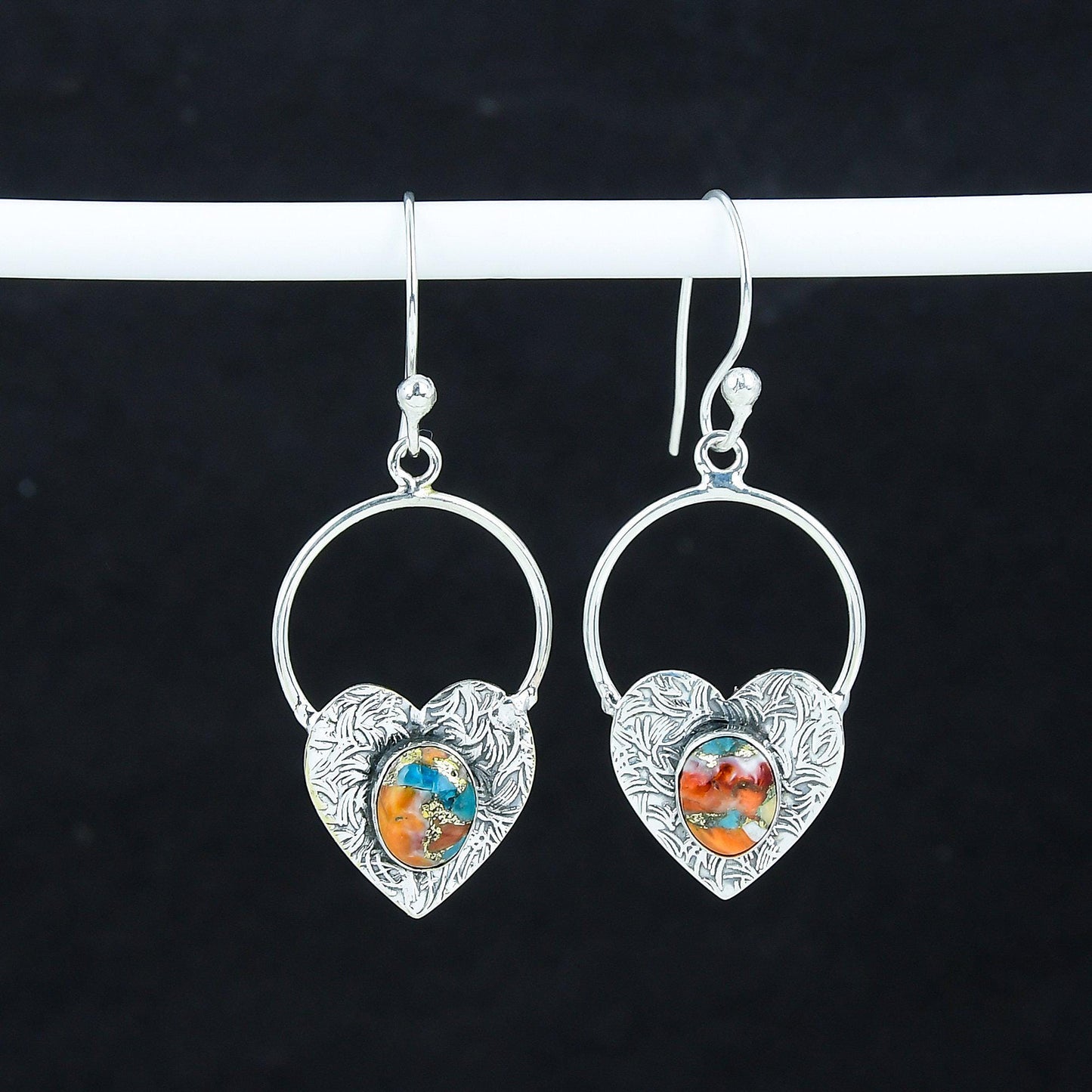 Orange Spiny Oyster Heart Hoop Earrings
