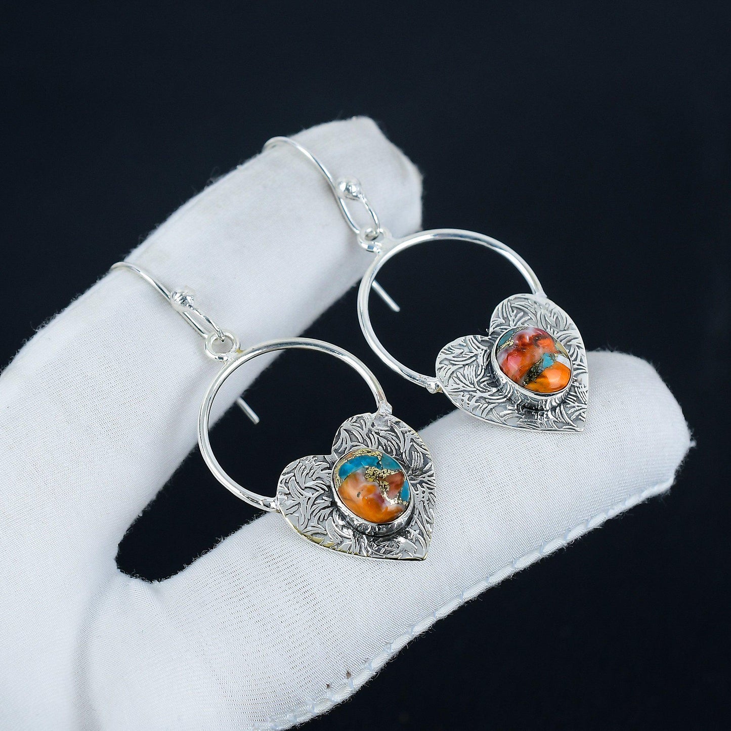 Orange Spiny Oyster Heart Hoop Earrings