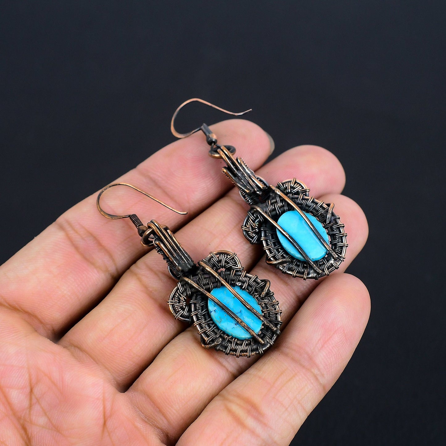 Turquoise Gemstone Copper Wire Wrapped Earrings