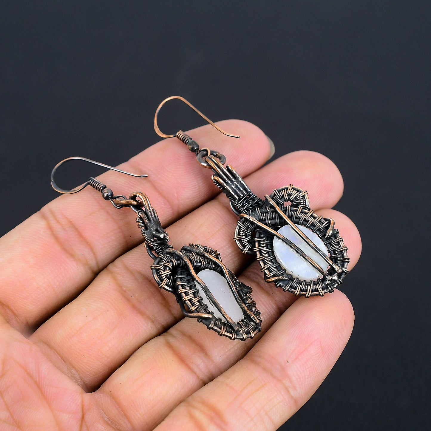 Copper Moonstone & Red Garnet Gemstone Earrings