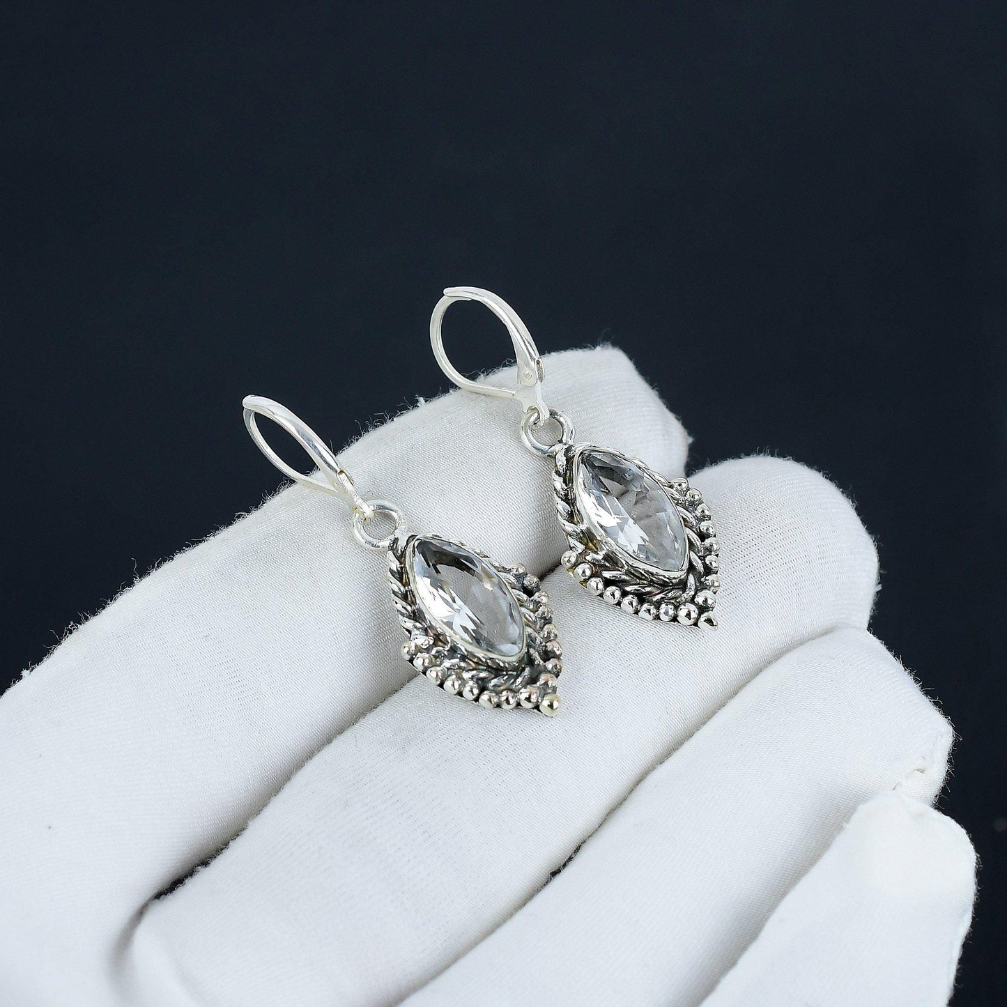 White Topaz Gemstone Marquise Earrings