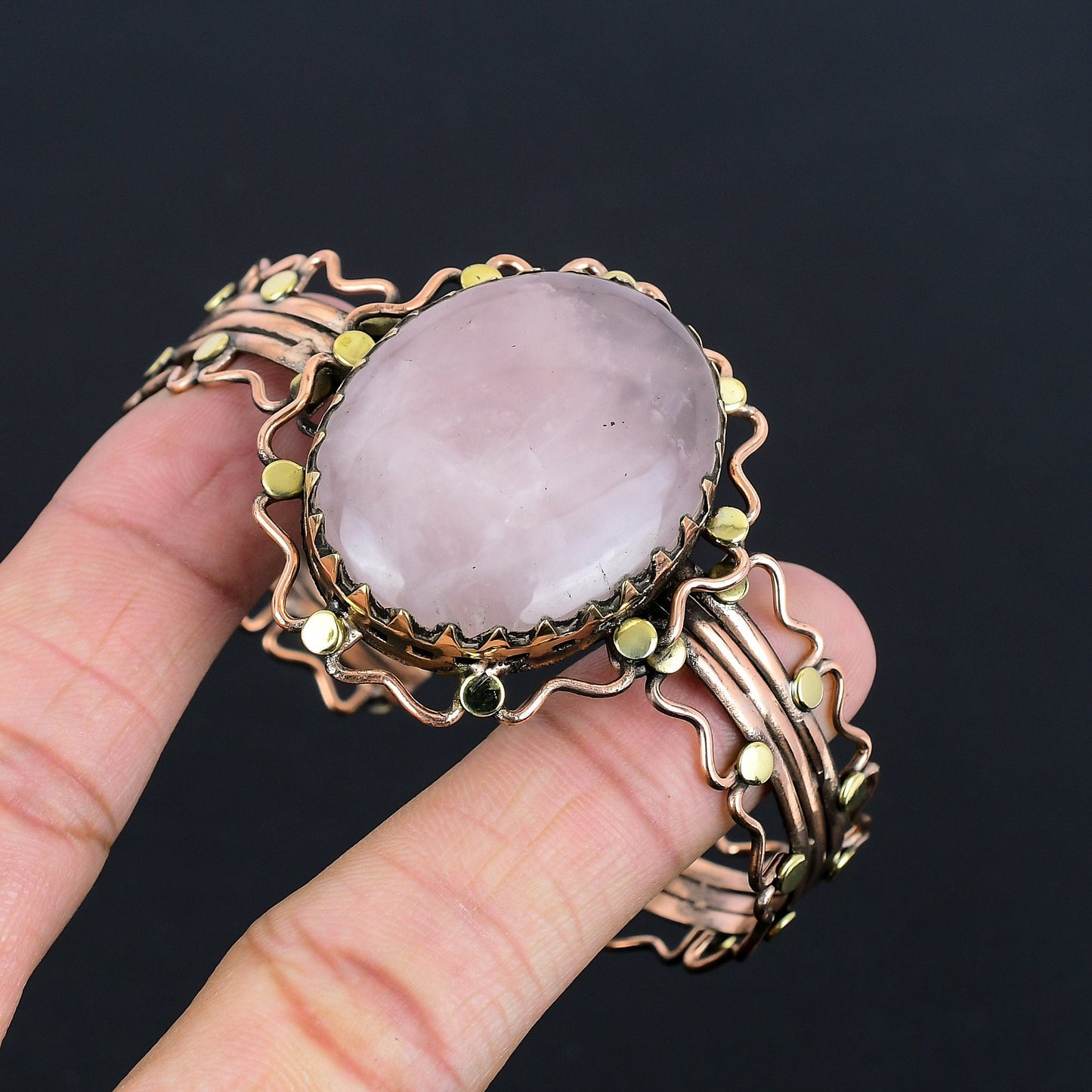 Pink Rose Quartz Gemstone Copper Cuff Bracelet