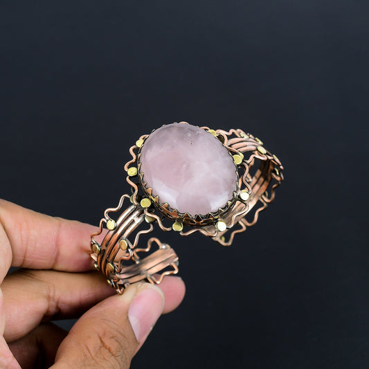 Pink Rose Quartz Gemstone Copper Cuff Bracelet
