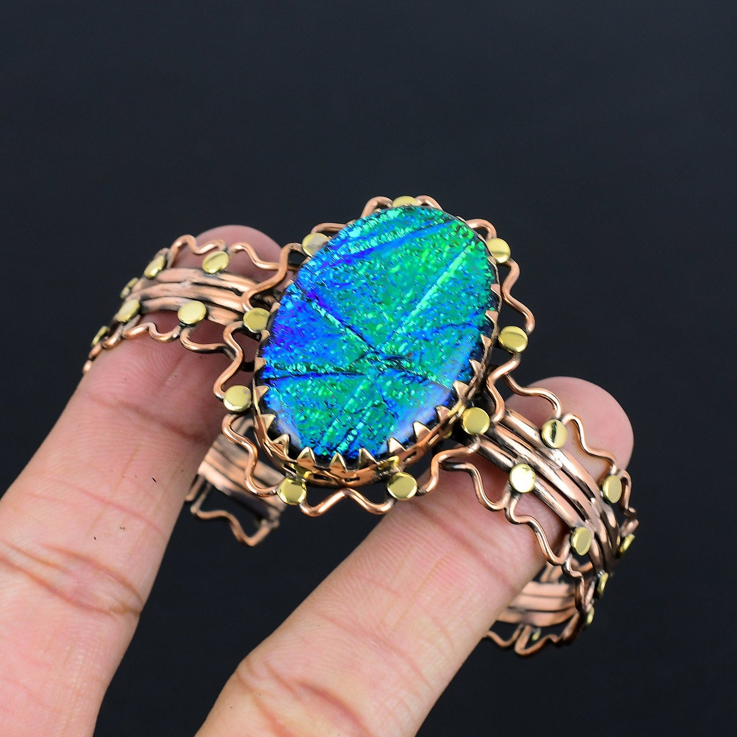 Multicolor Australian Triplet Opal Gemstone Copper Cuff Bracelet