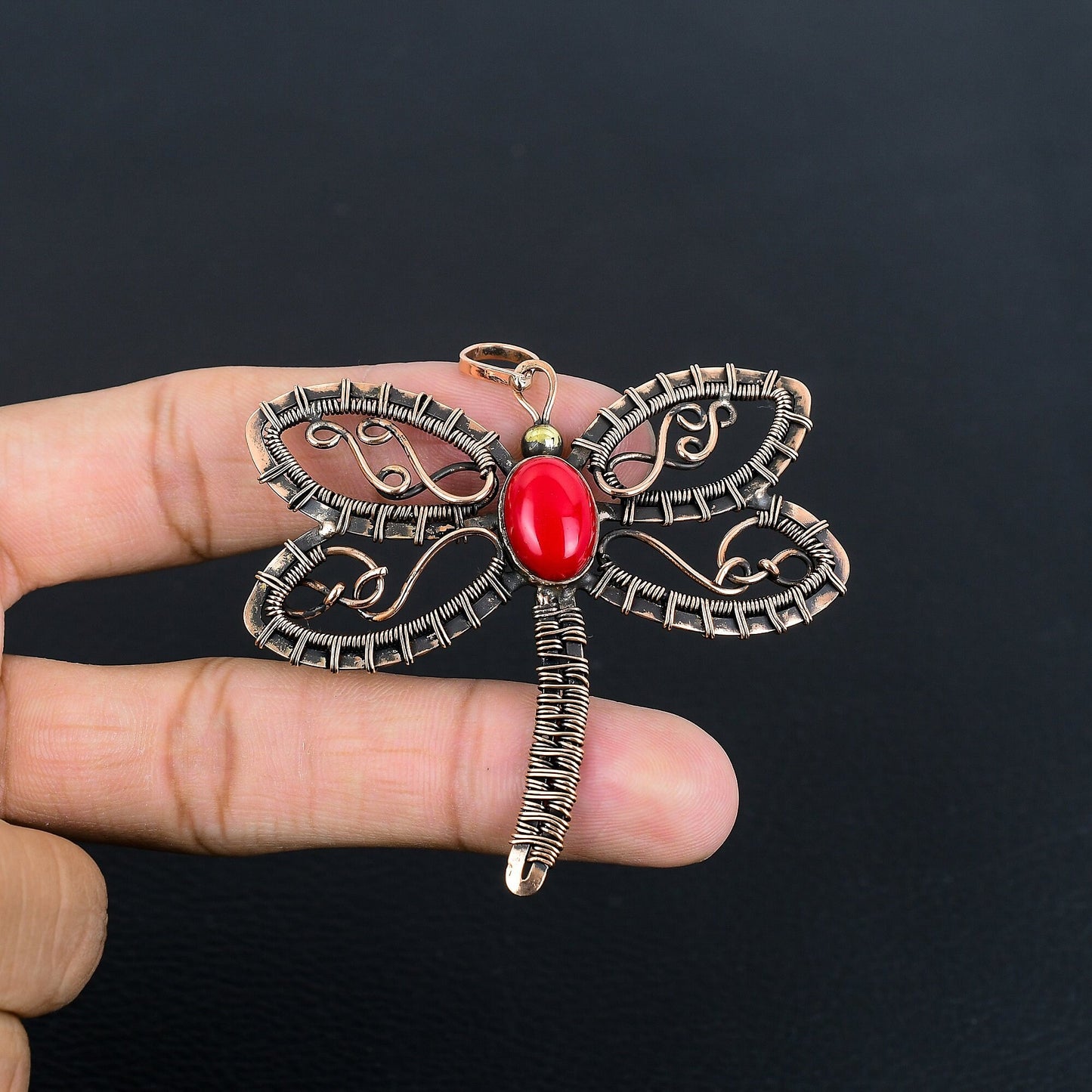 Red Coral Gemstone Dragonfly Pendant
