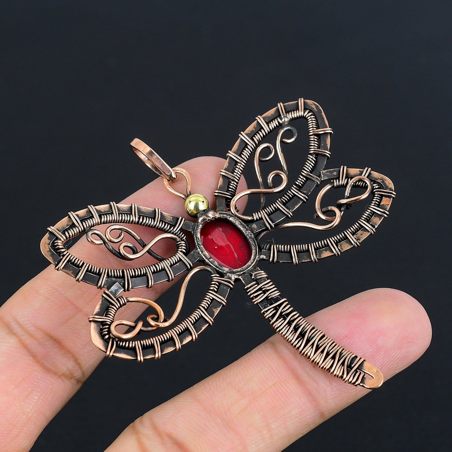 Red Coral Gemstone Dragonfly Pendant