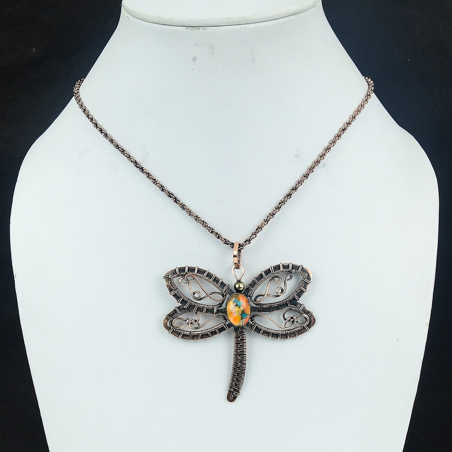Orange Turquoise Dragonfly Gemstone Pendant