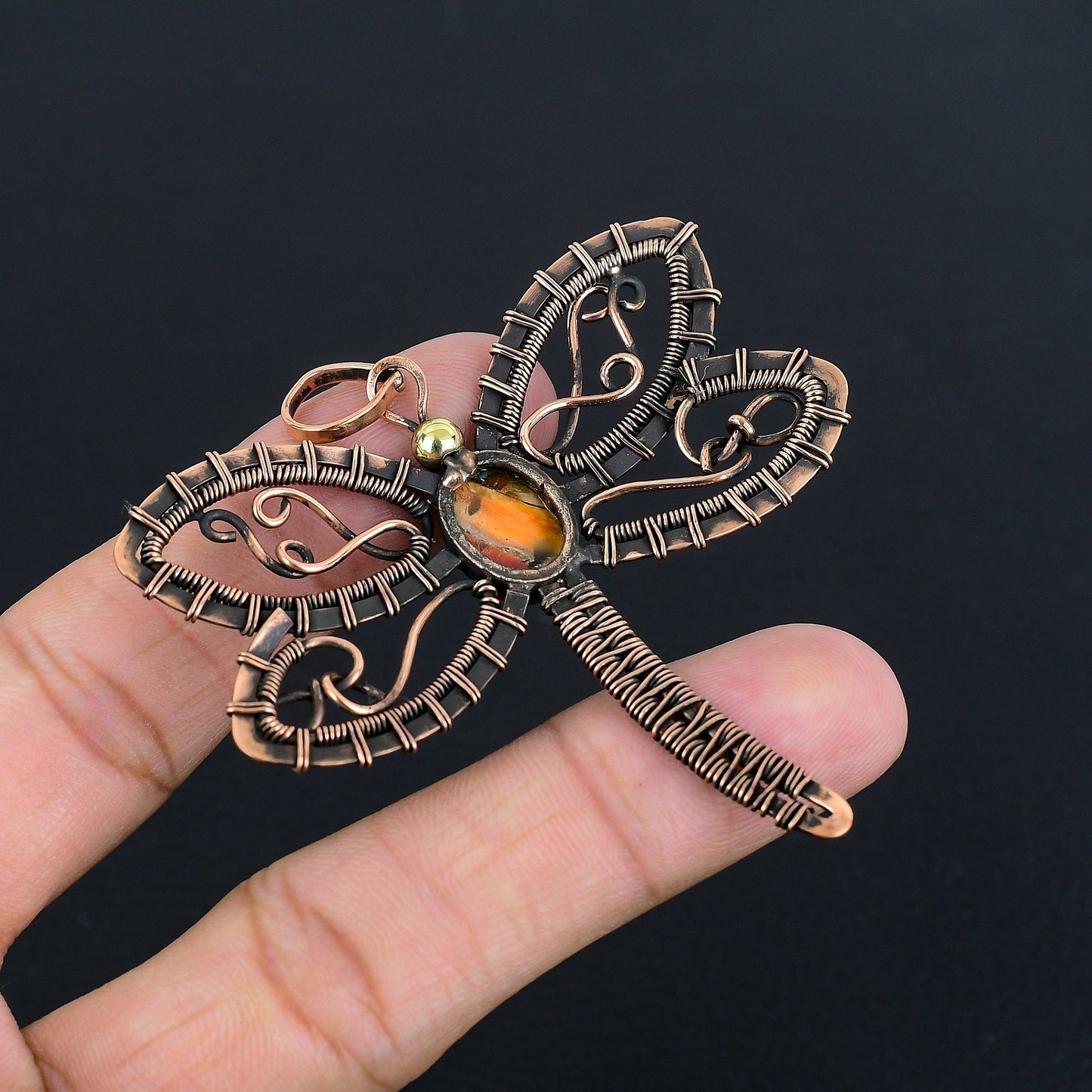 Orange Turquoise Dragonfly Gemstone Pendant
