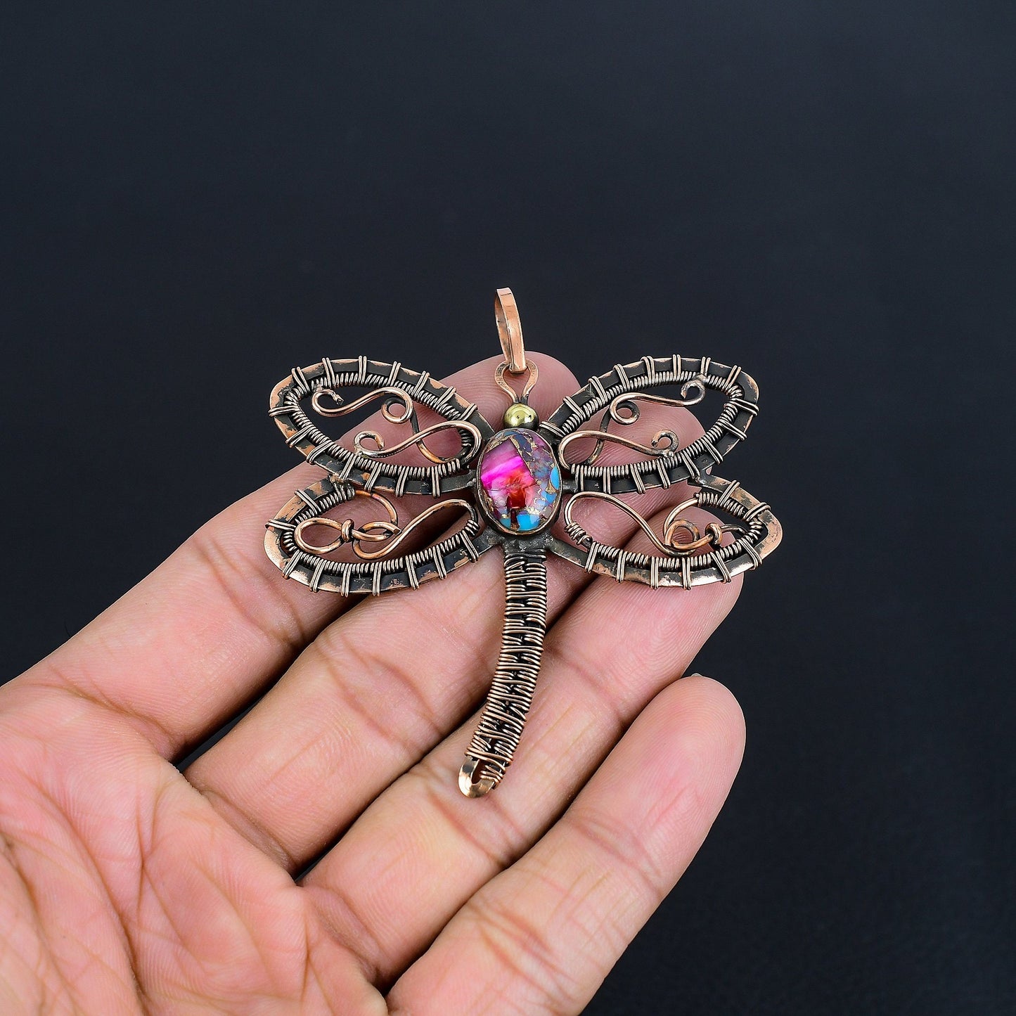 Pink Turquoise Gemstone Dragonfly Pendant