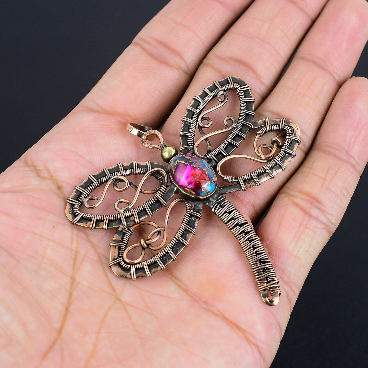 Pink Turquoise Gemstone Dragonfly Pendant
