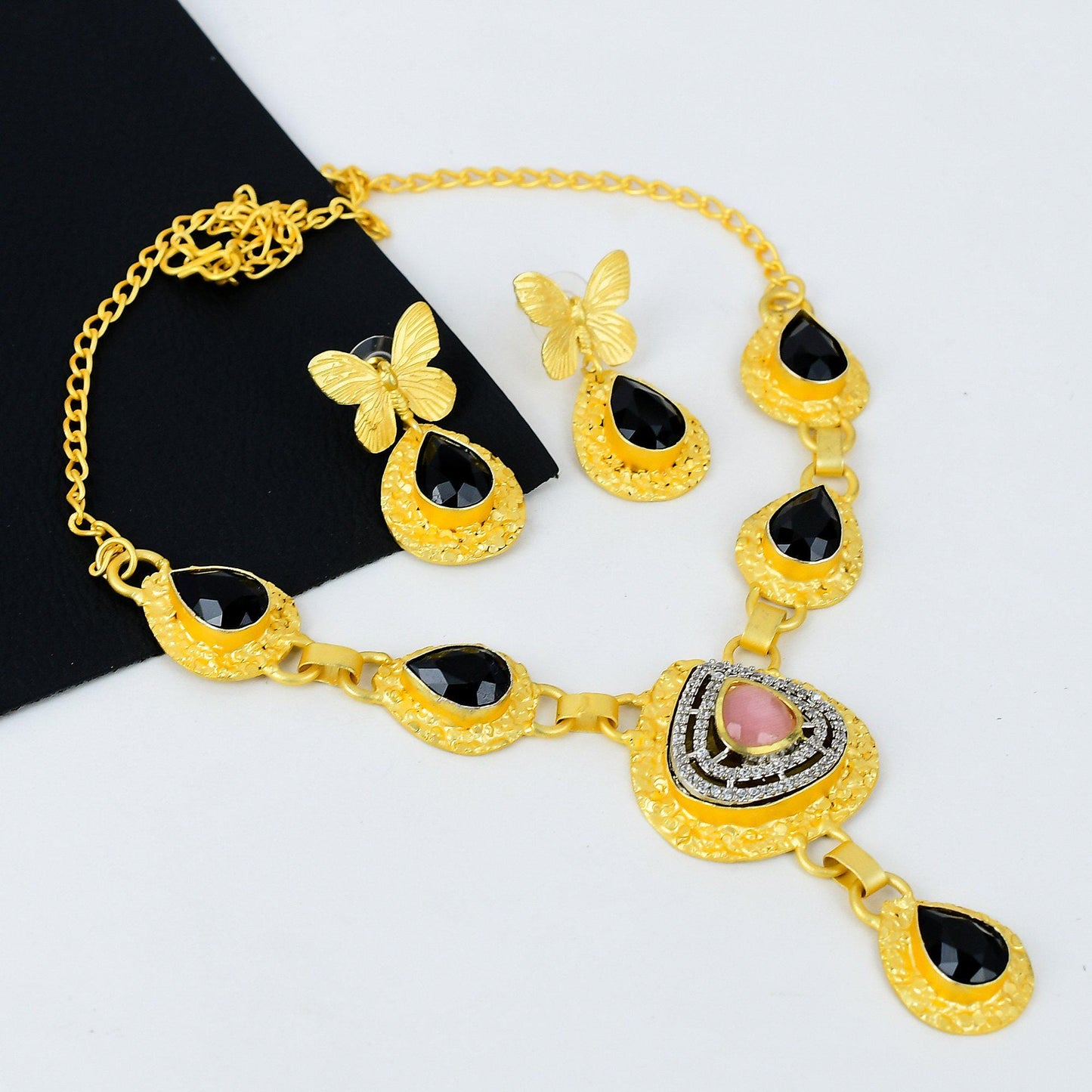 Gold Gemstone Necklace & Earring Set