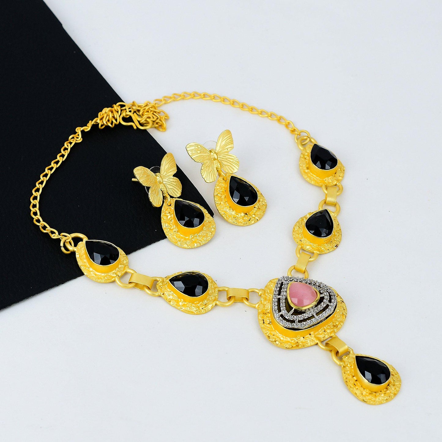 Gold Gemstone Necklace & Earring Set