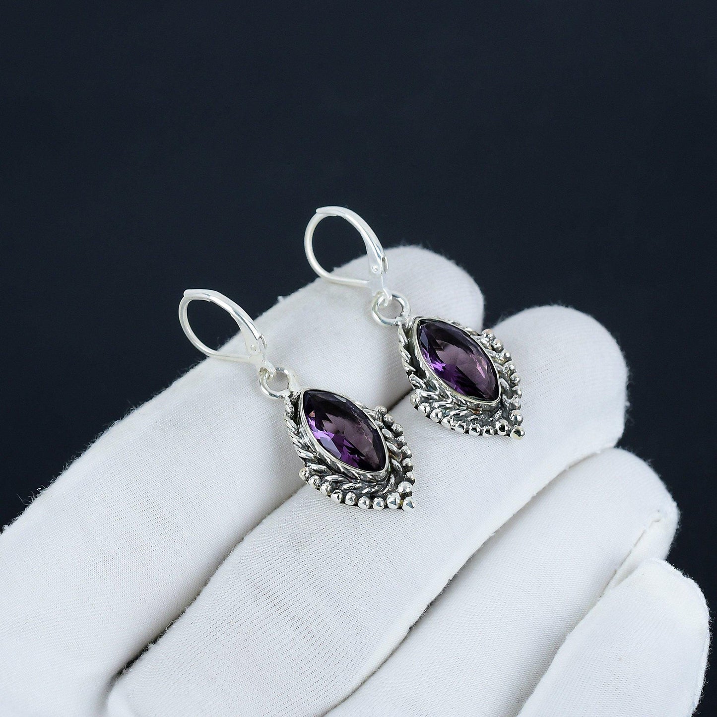 Purple Amethyst Gemstone Sterling Silver Marquise Earrings