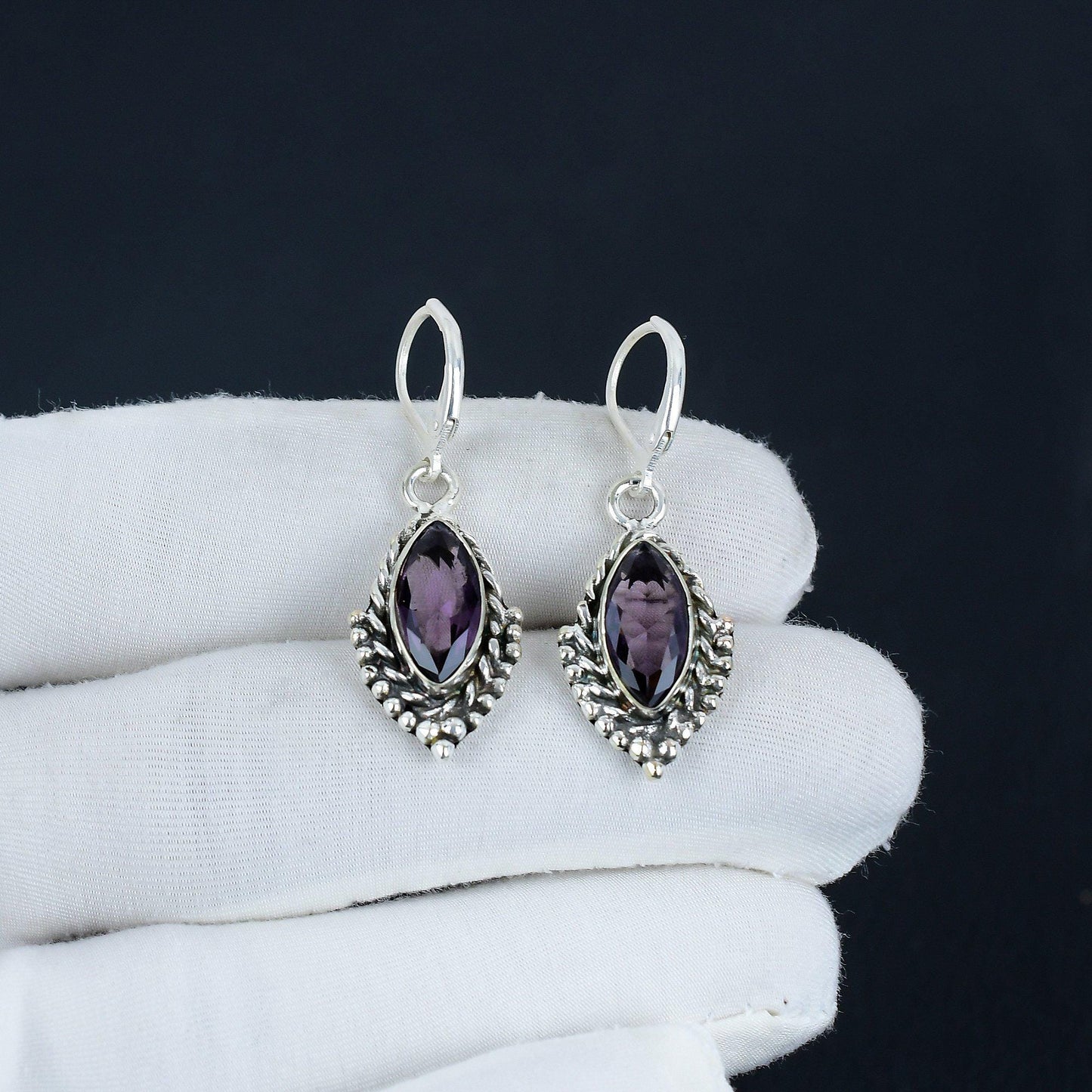 Purple Amethyst Gemstone Sterling Silver Marquise Earrings