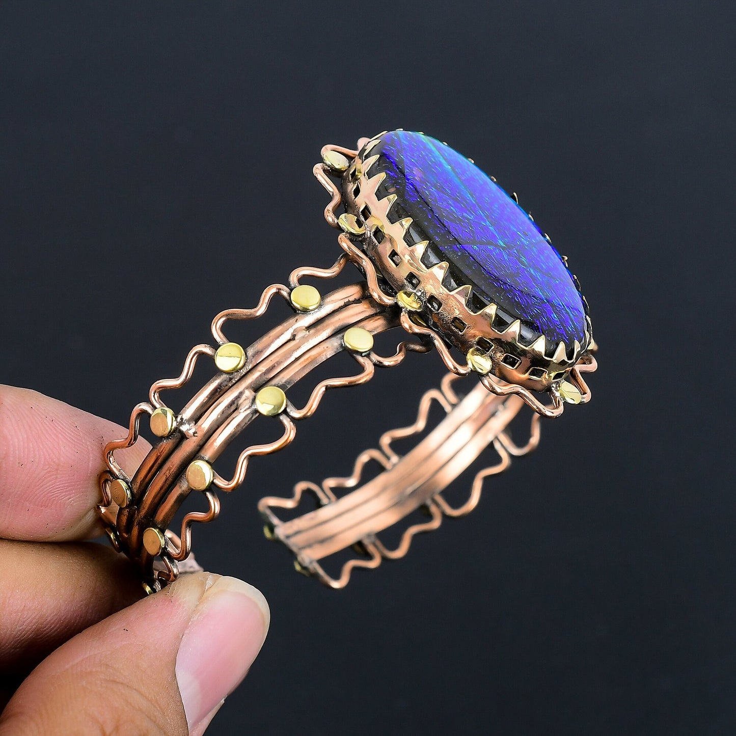 Multicolor Australian Triplet Opal Gemstone Copper Cuff Bracelet