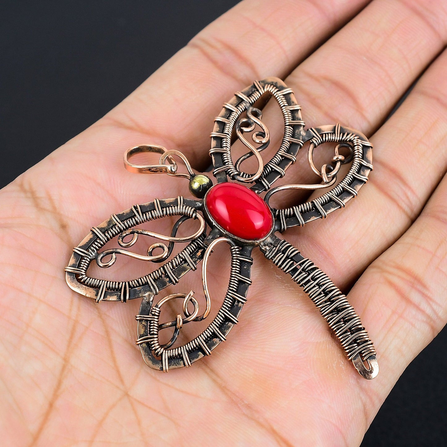 Red Coral Gemstone Dragonfly Pendant