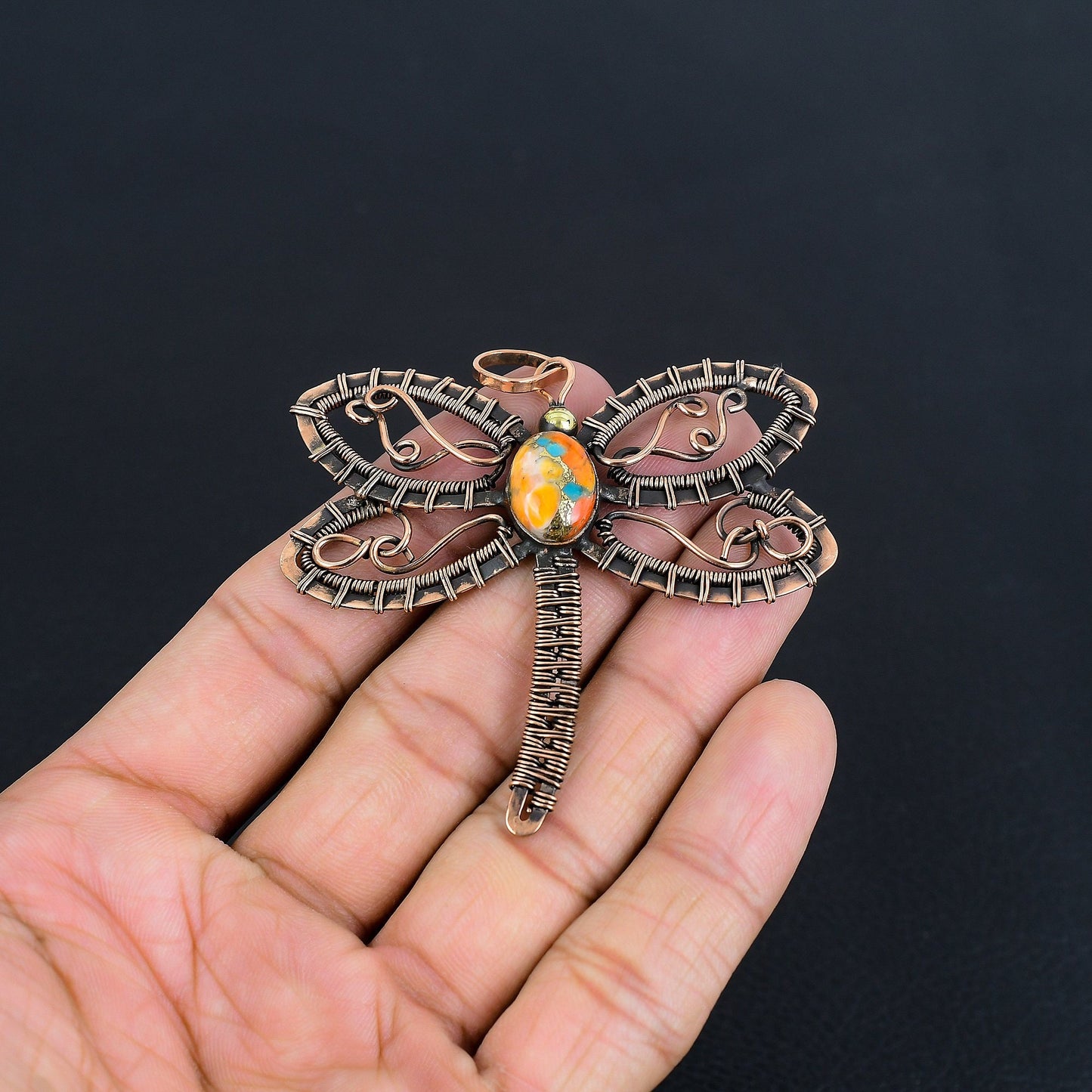 Orange Turquoise Dragonfly Gemstone Pendant