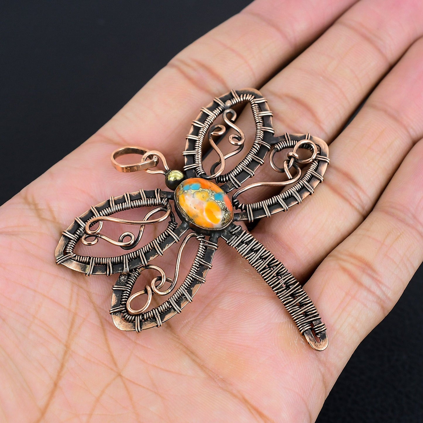 Orange Turquoise Dragonfly Gemstone Pendant