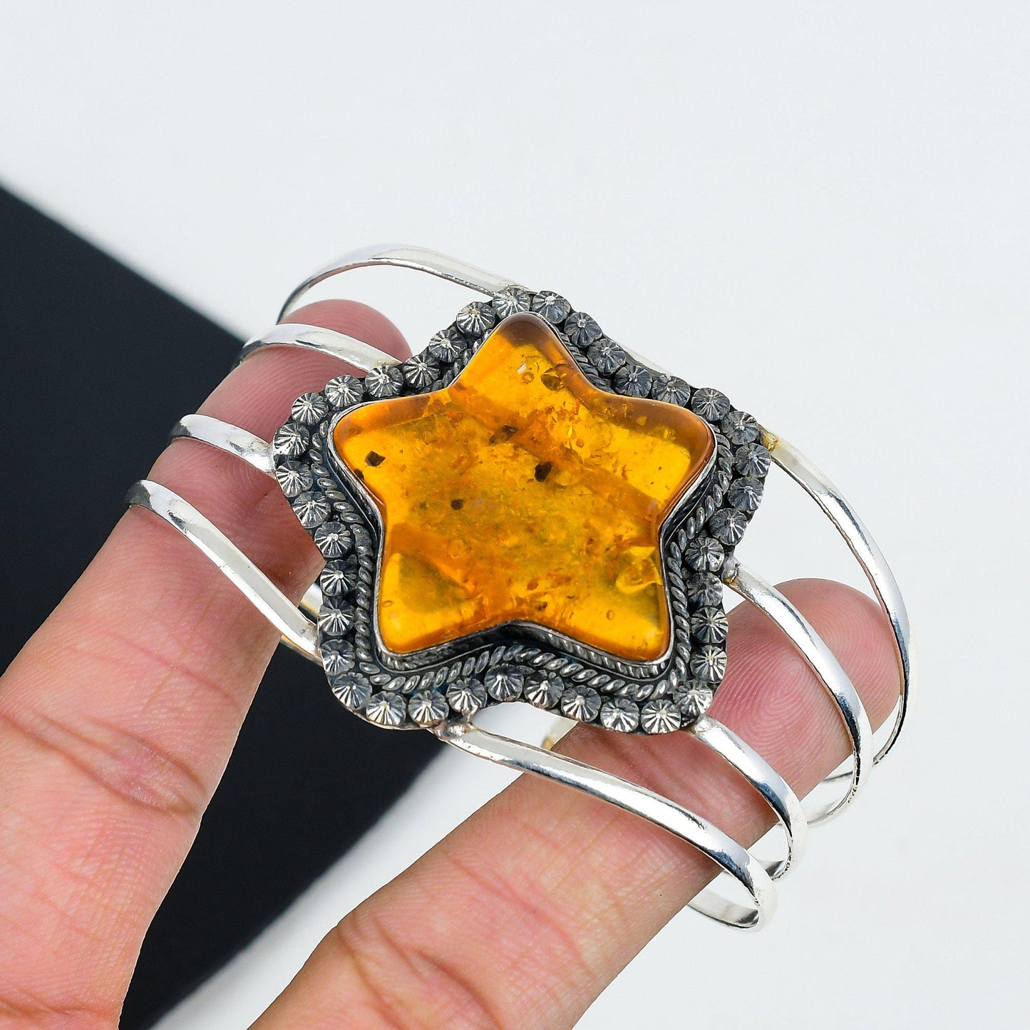 Amber Gemstone Star Sterling Silver Bangle