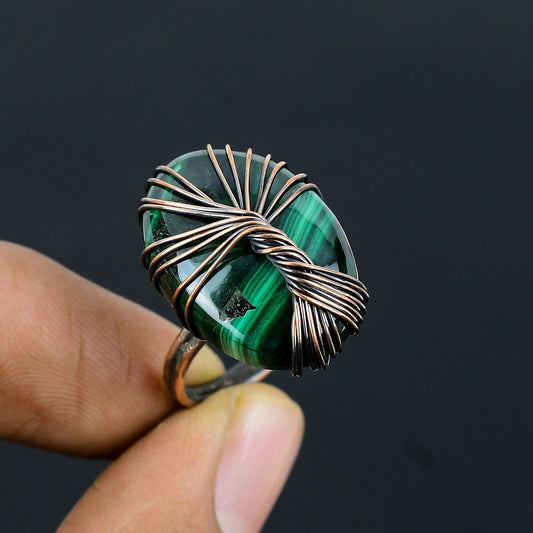 Green Malachite Gemstone Tree of Life Ring