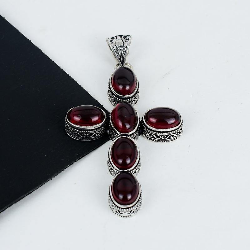 Red Garnet Silver Cross Pendant