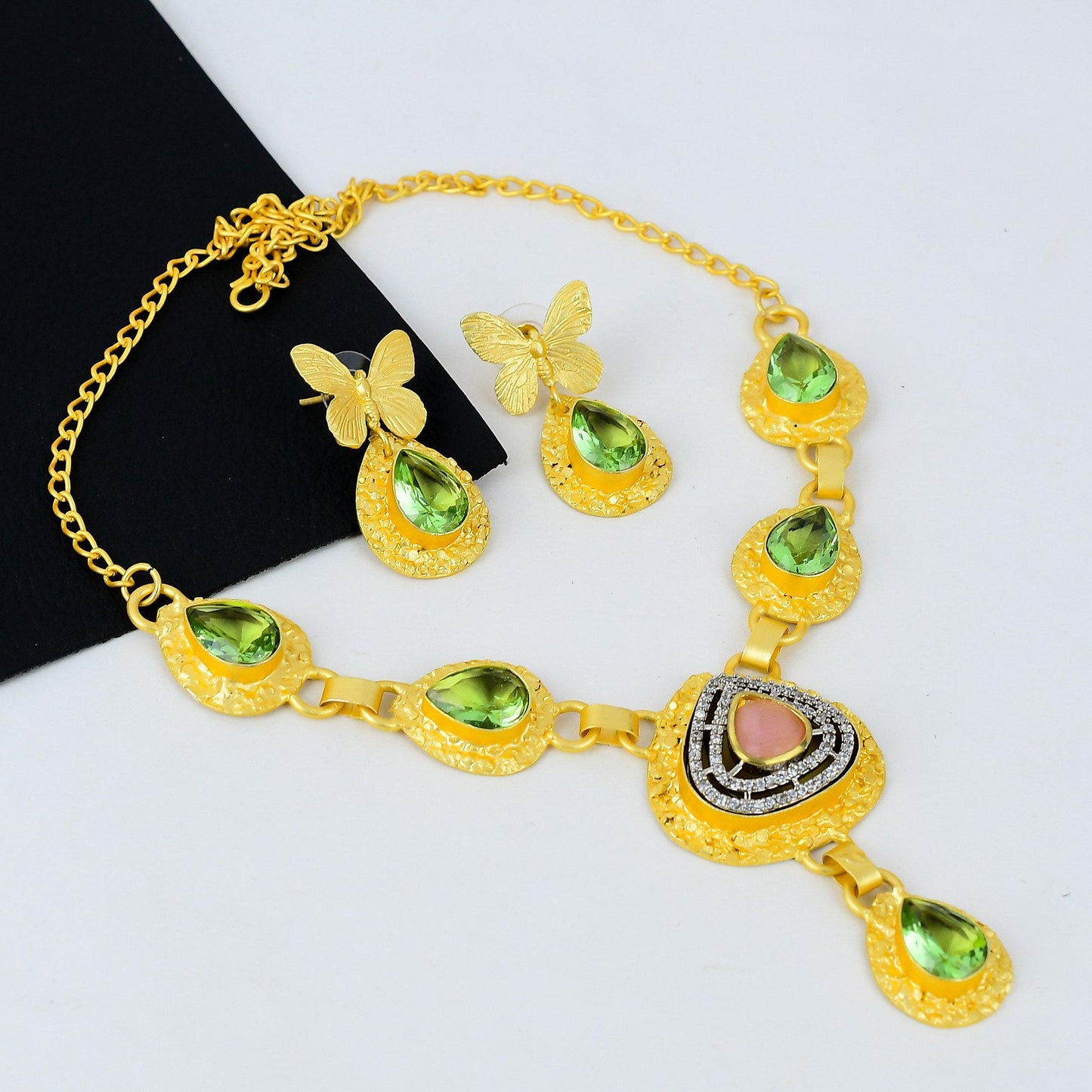 Gold Gemstone Necklace & Earring Set
