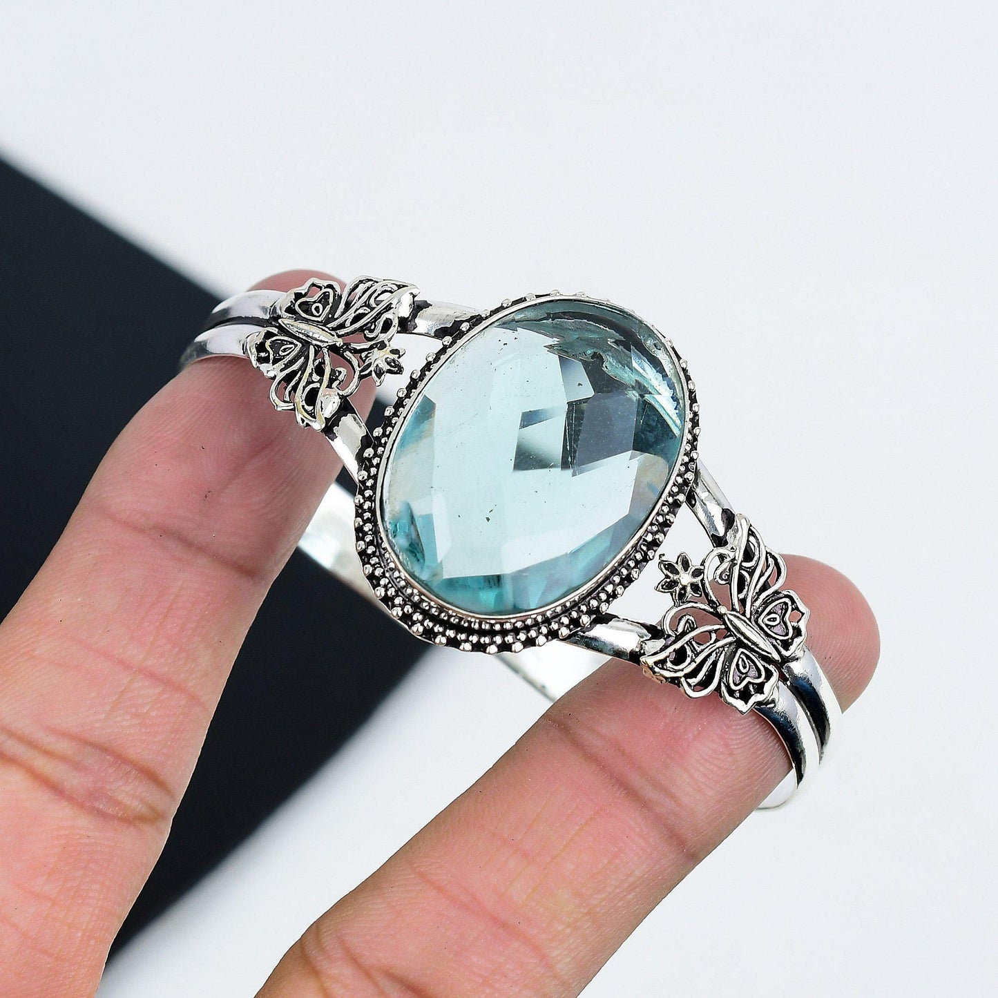 Aquamarine Sterling Silver Adjustable Cuff Bangle