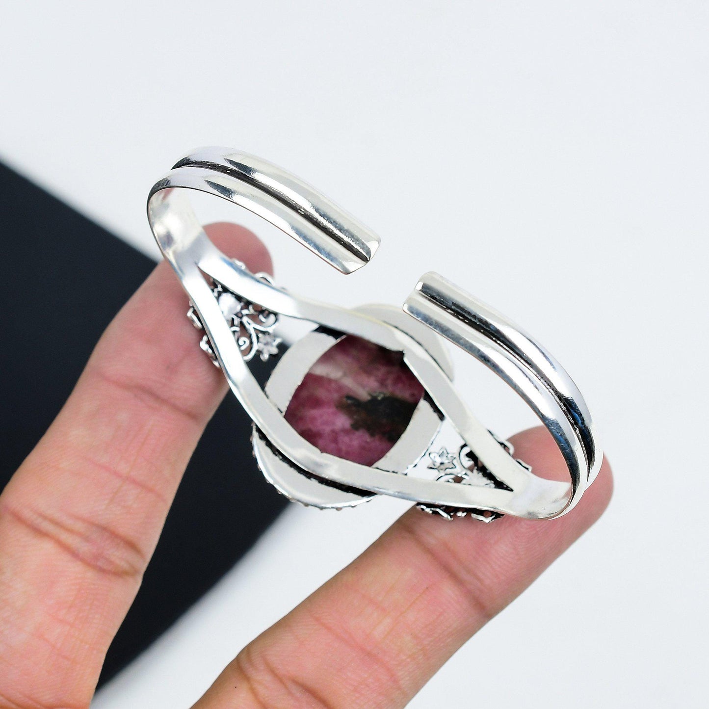 Pink Rhodonite Gemstone Sterling Silver Bangle