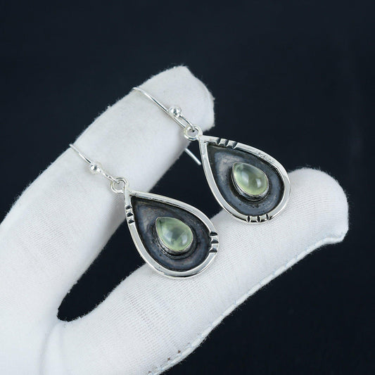 Green Prehnite Gemstone Sterling Silver Earrings