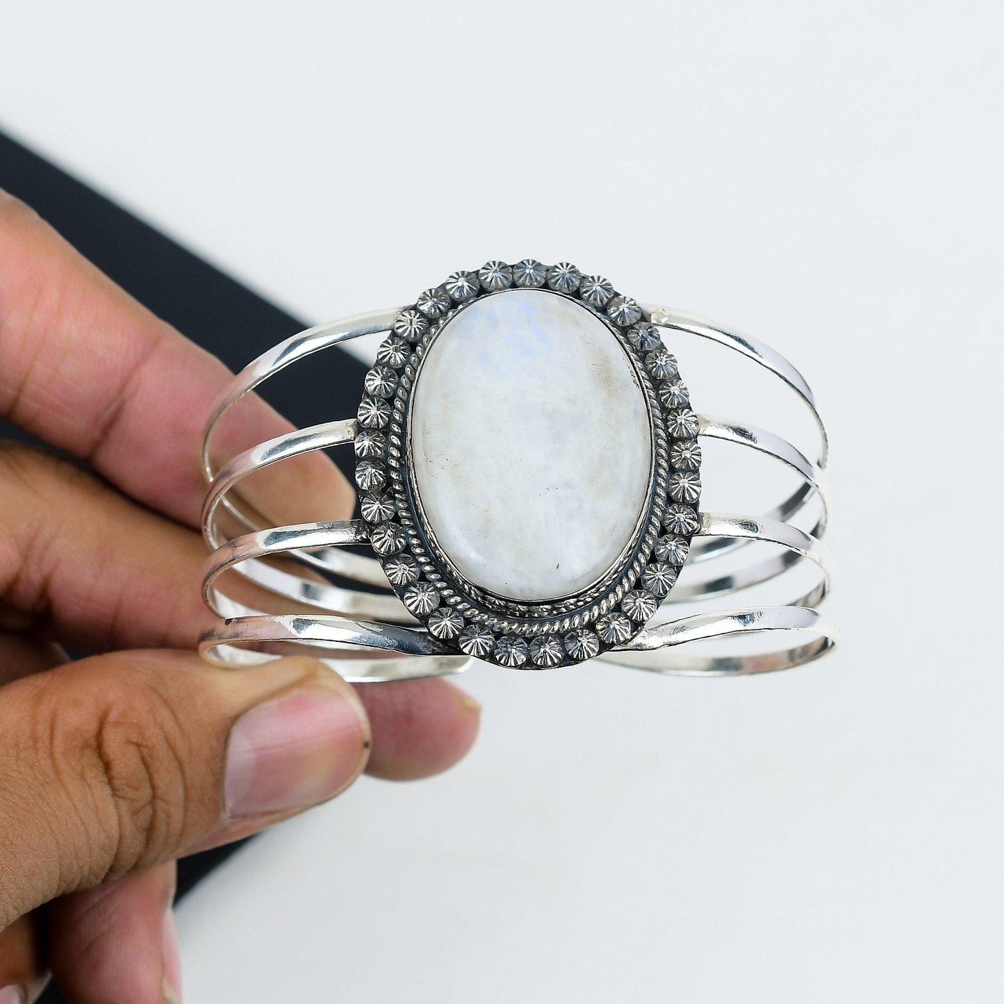 Moonstone Gemstone White Silver Cuff Bracelet
