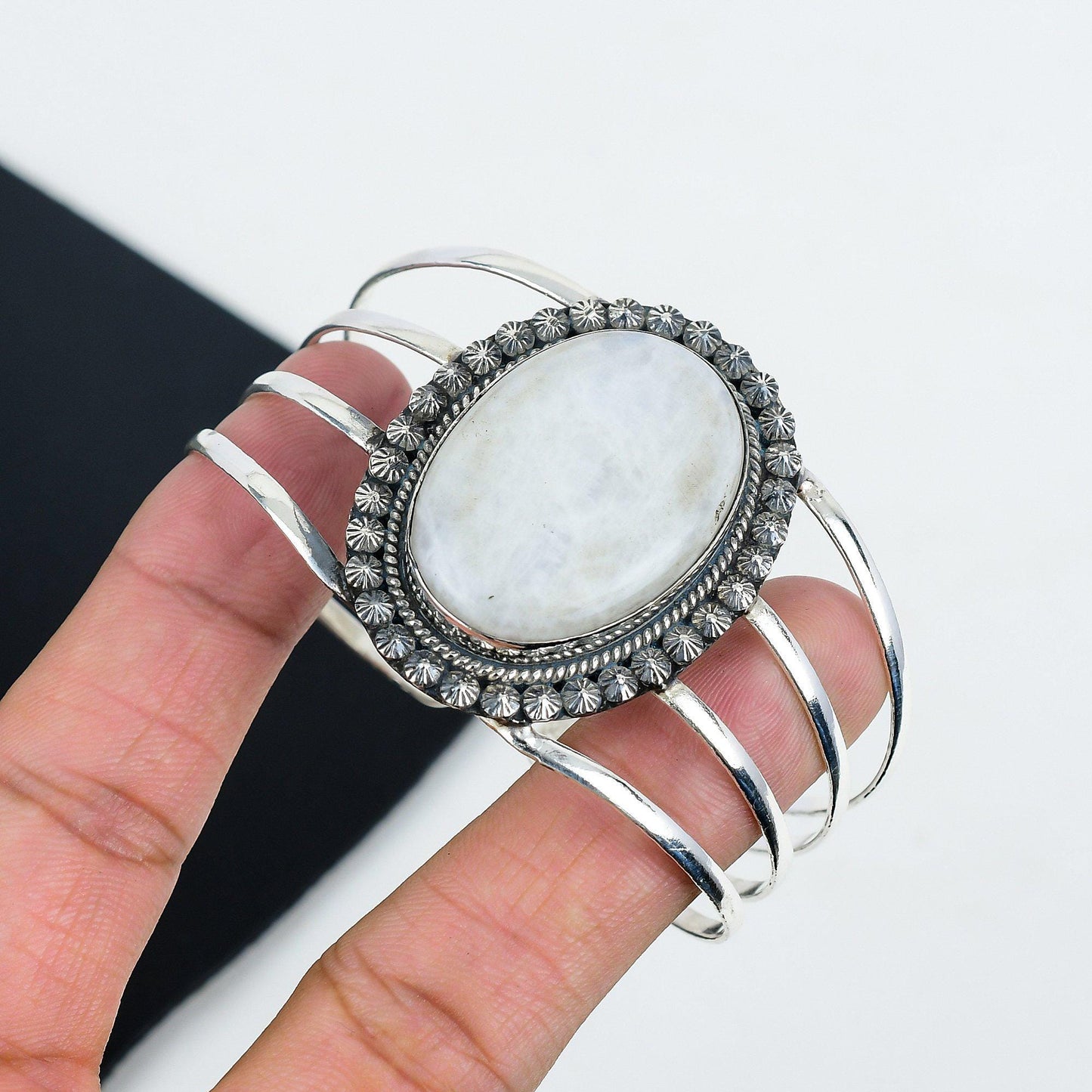 Moonstone Gemstone White Silver Cuff Bracelet