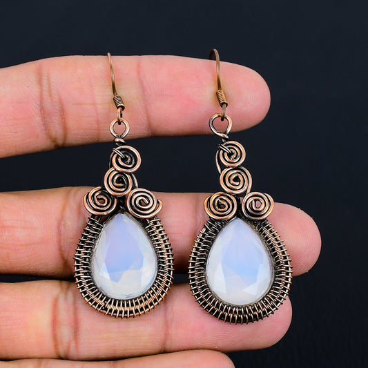 Milky White Opal Gemstone Copper Earrings