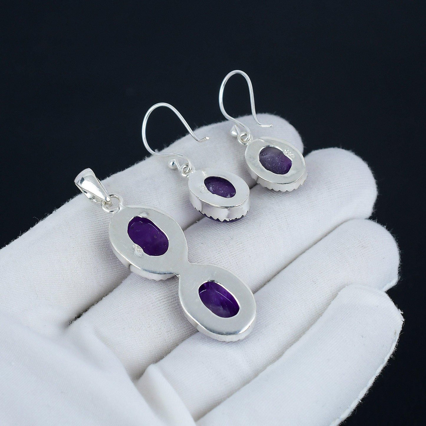 Purple Amethyst Gemstone Pendant & Earrings Set