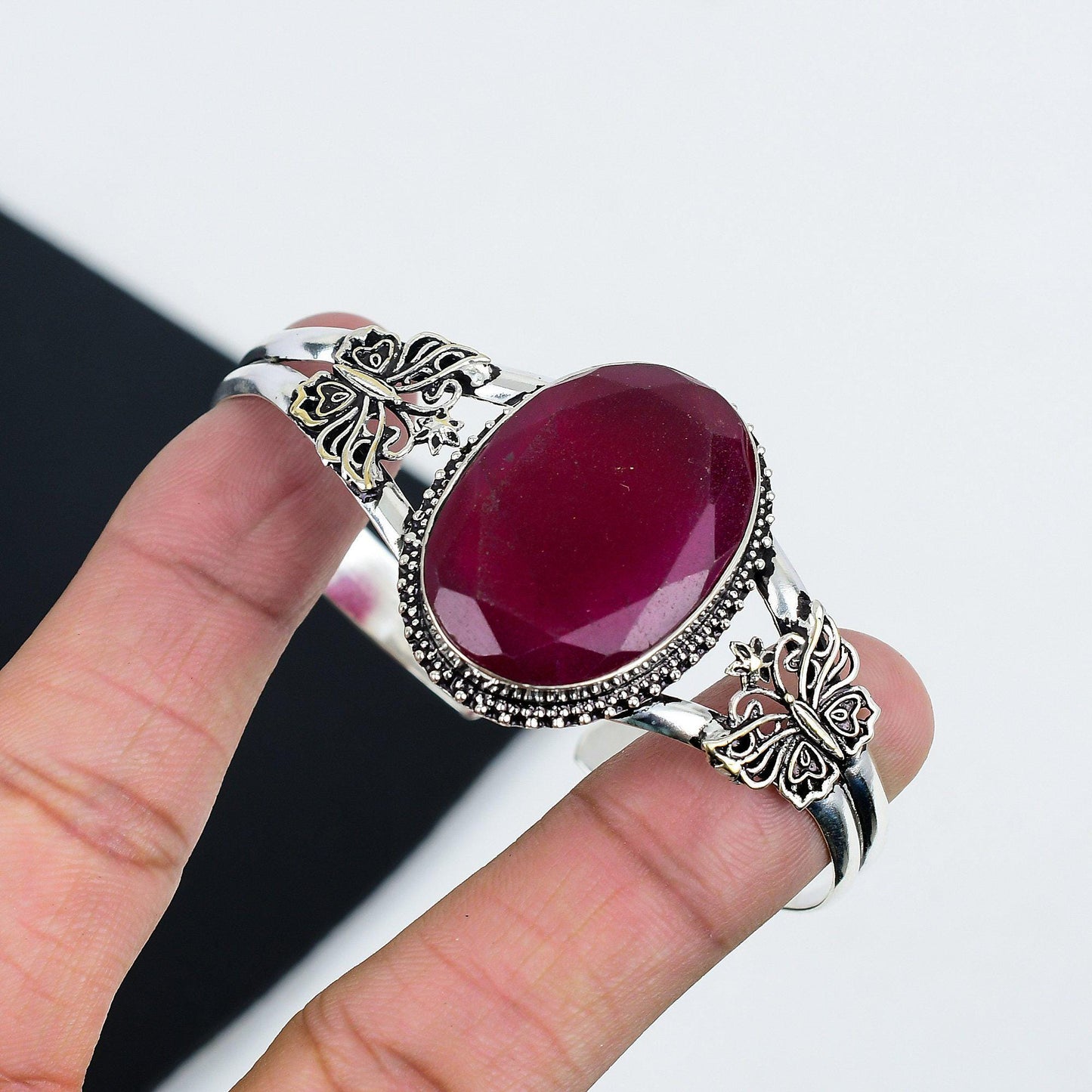 Red Ruby Gemstone Silver Bangle