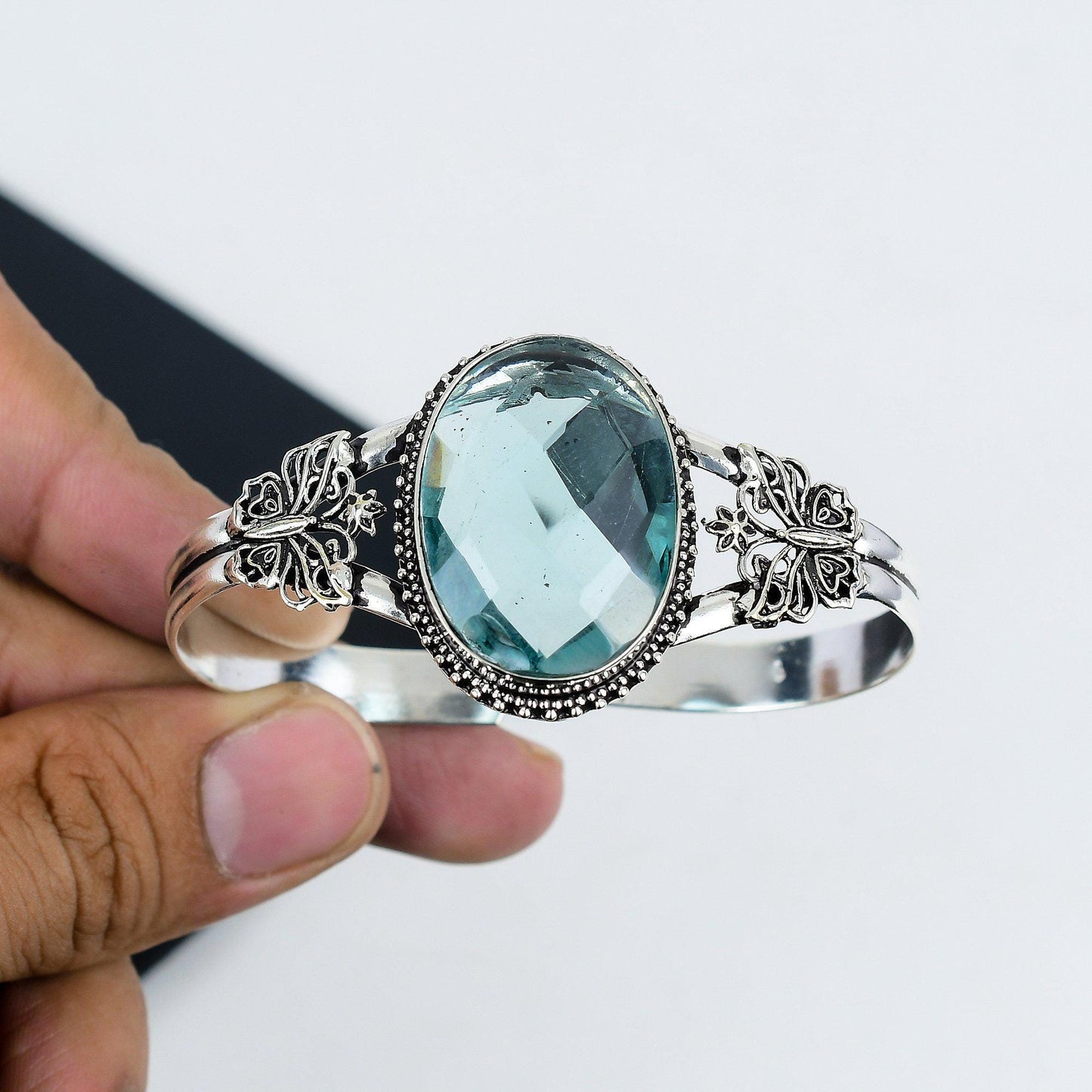 Aquamarine Sterling Silver Adjustable Cuff Bangle