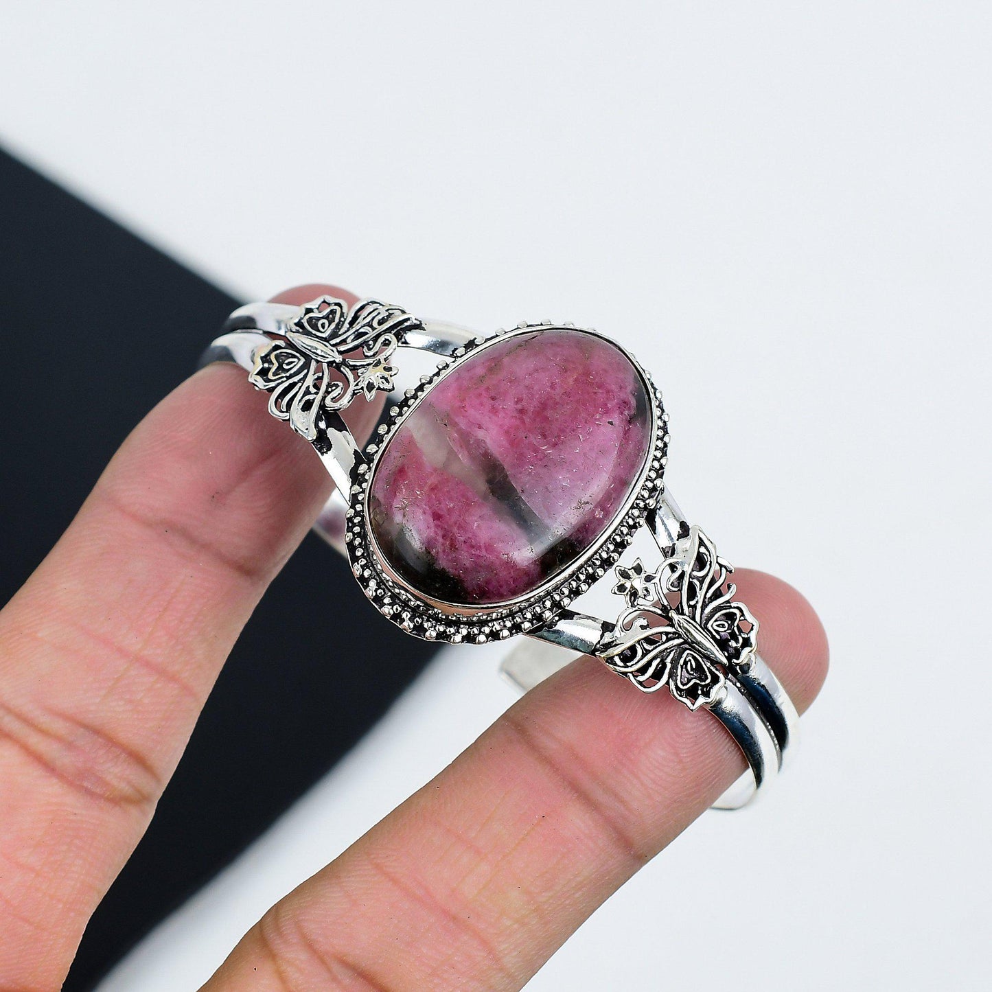 Pink Rhodonite Gemstone Sterling Silver Bangle