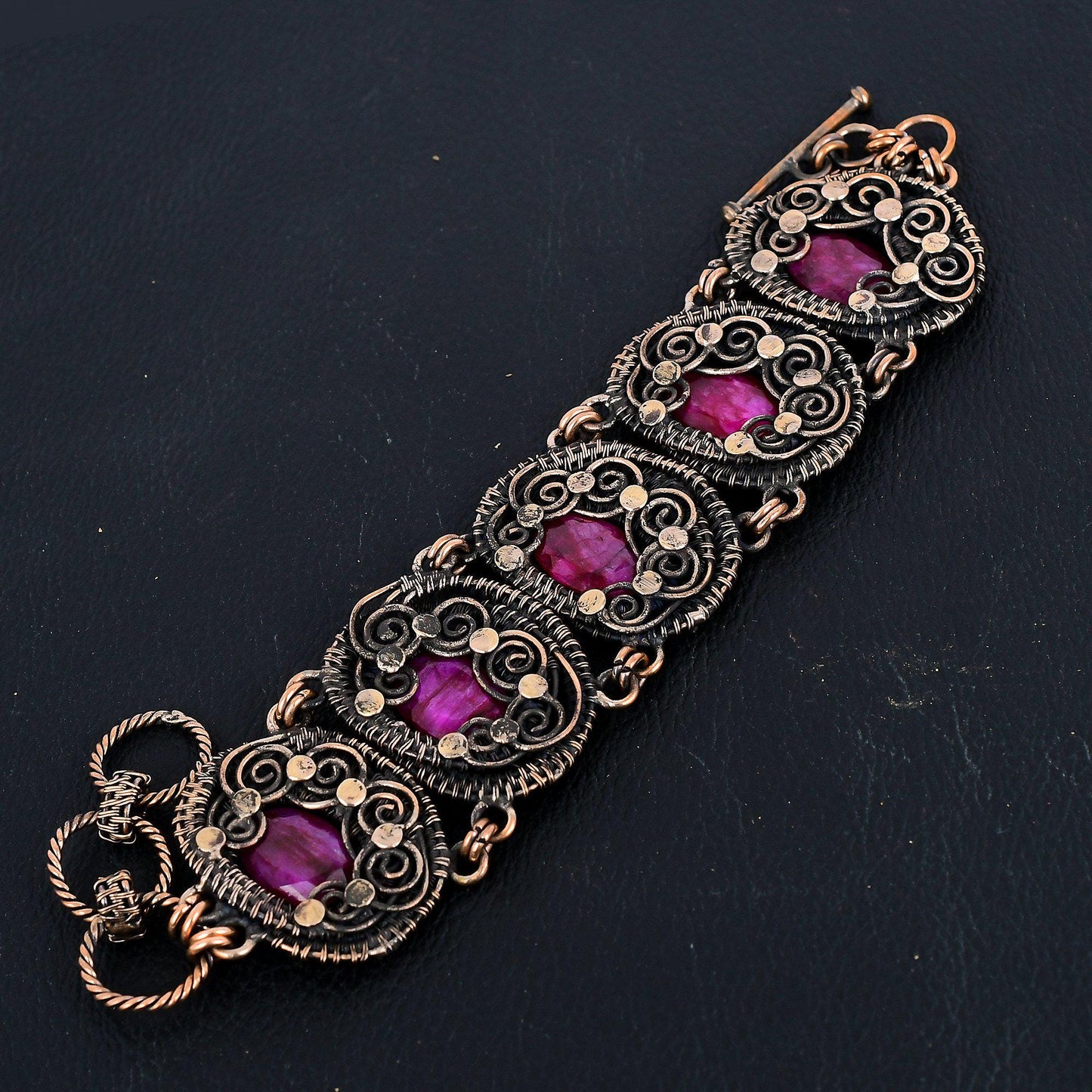 Kashmiri Red Ruby Gemstone Copper Wire Wrapped Bracelet