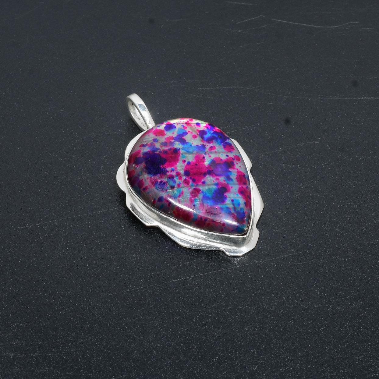 Colorful Multi-Fire Labradorite Silver Pendant