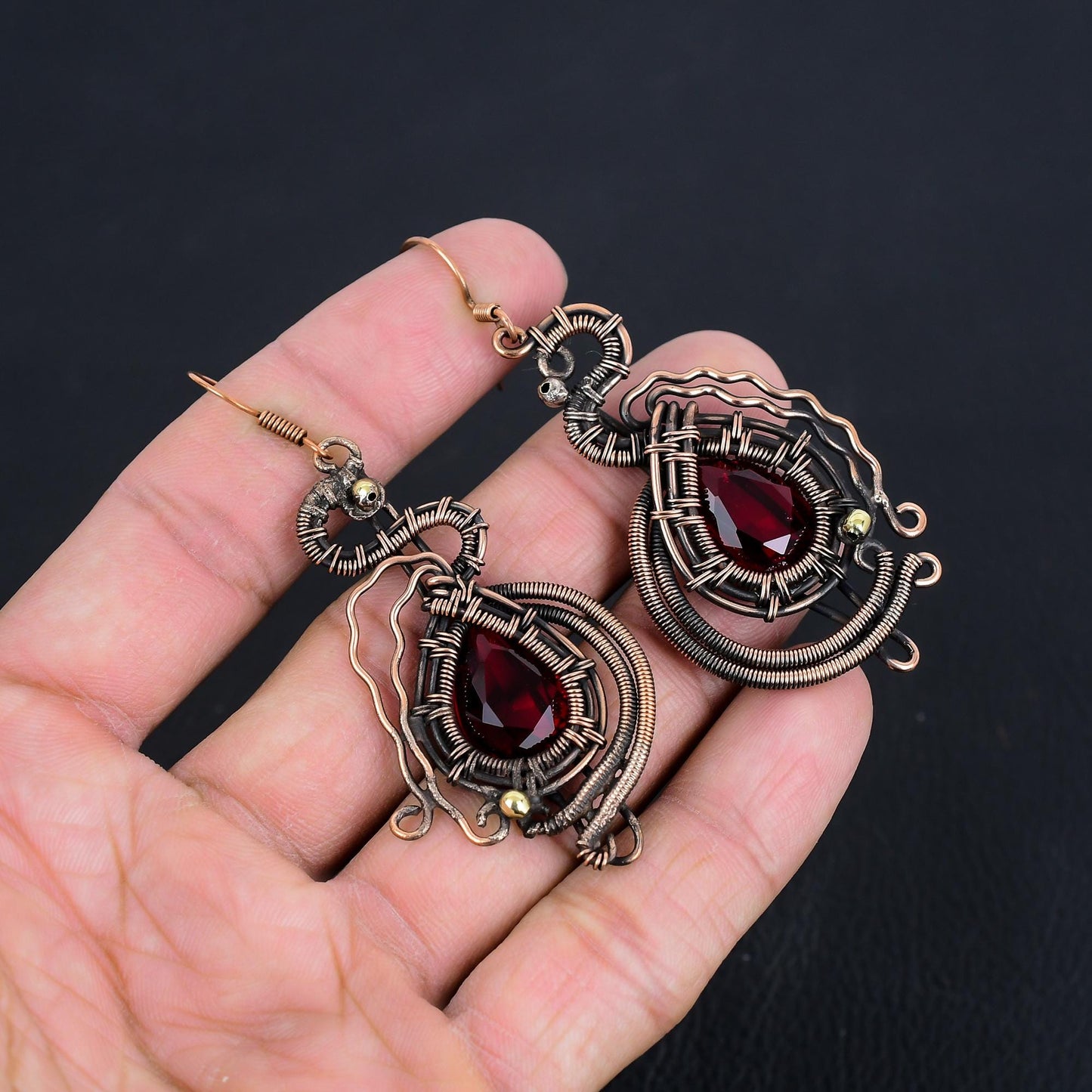Red Garnet Gemstone Copper Dangle Earrings