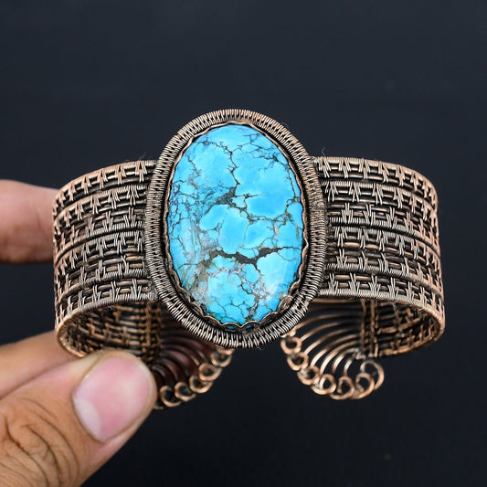 Turquoise Gemstone Copper Wire Wrapped Cuff Bracelet