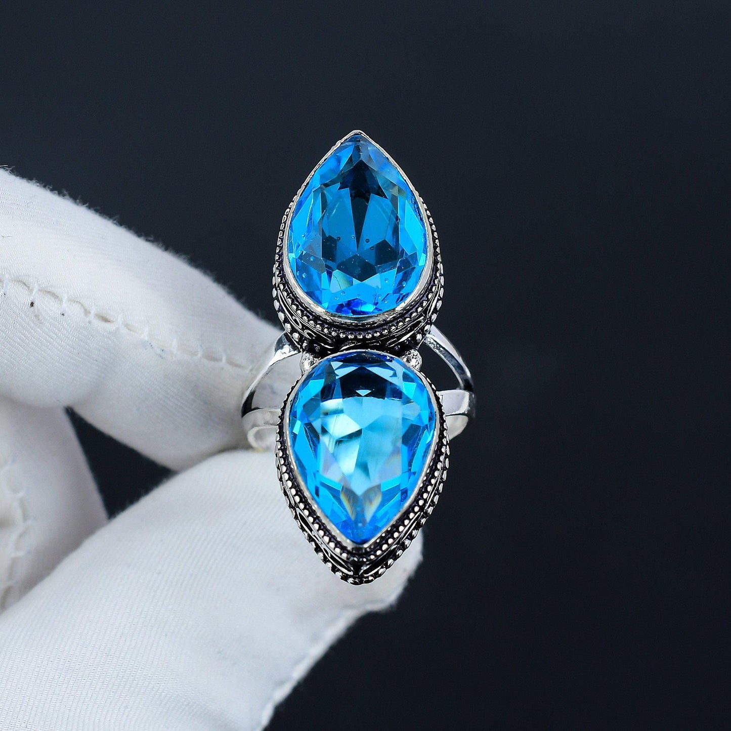 Swiss Blue Topaz Double Teardrop Sterling Silver Ring