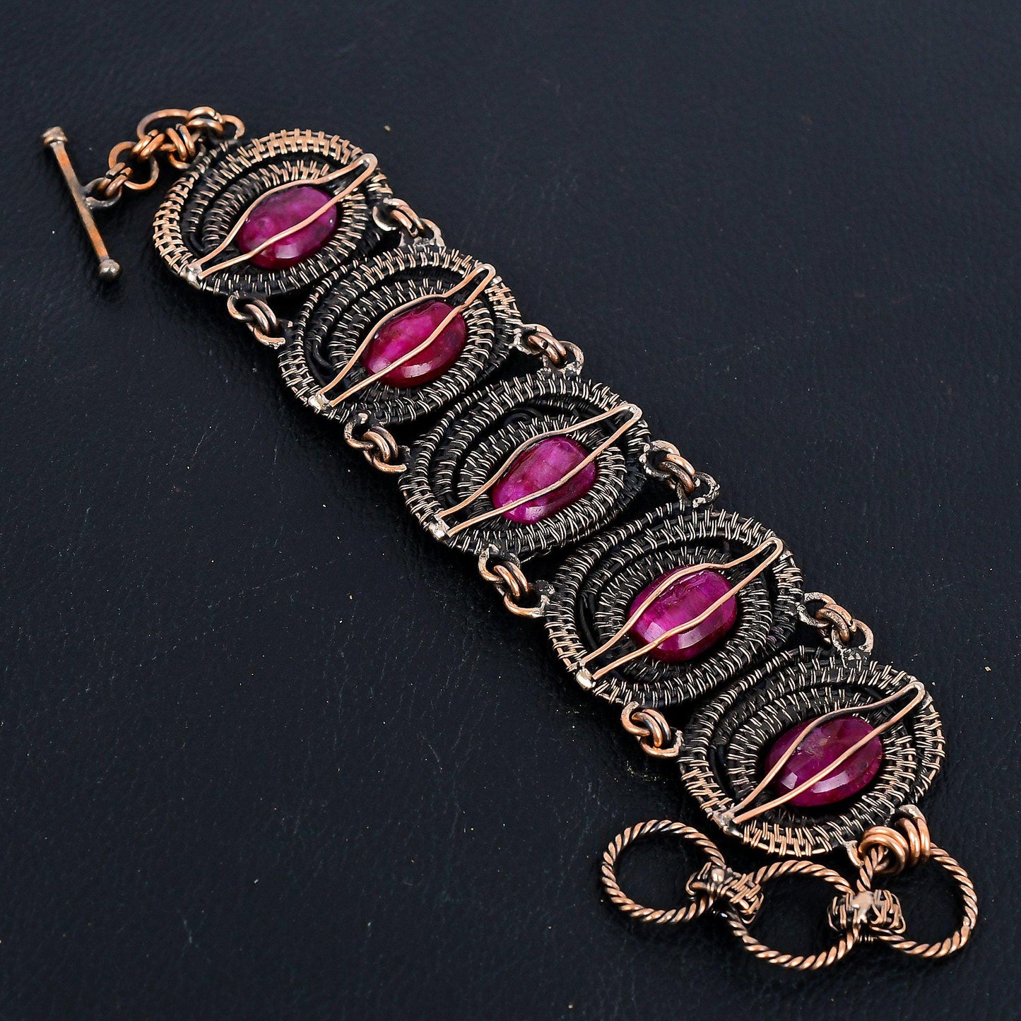 Kashmiri Red Ruby Gemstone Copper Wire Wrapped Bracelet